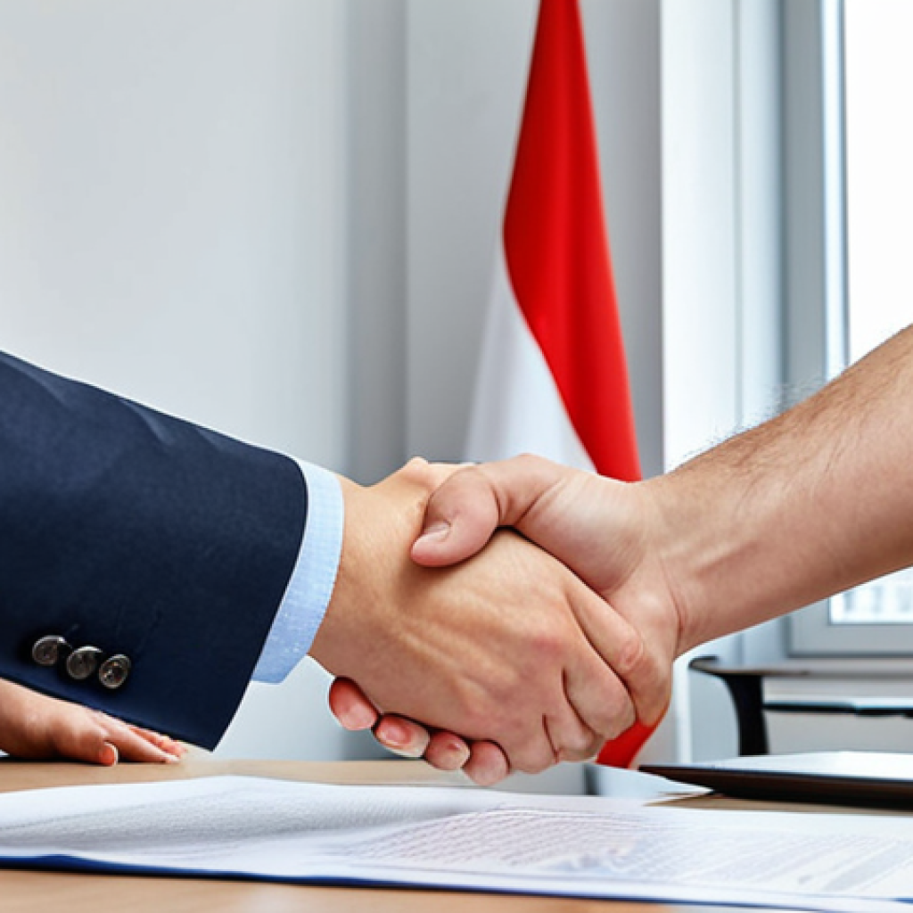** A handshake sealing a partnership agreement in a modern Warsaw office. Focus on the signed document with clear terms and the faces of the partners expressing trust and collaboration. Include the Polish flag subtly in the background.

**