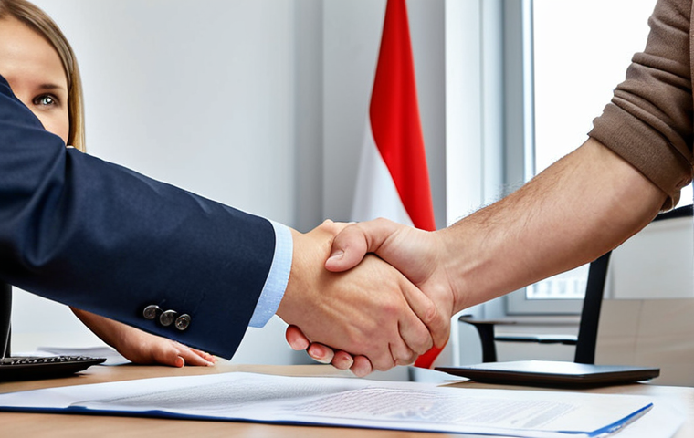 ** A handshake sealing a partnership agreement in a modern Warsaw office. Focus on the signed document with clear terms and the faces of the partners expressing trust and collaboration. Include the Polish flag subtly in the background.
**